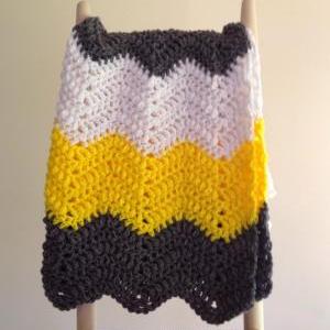 Hand Crochet Baby Blanket - Sunshine Yellow, Slate..