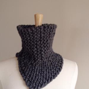 Hand Knit Cowl Scarf - Charcoal Gray Neckwarmer -..