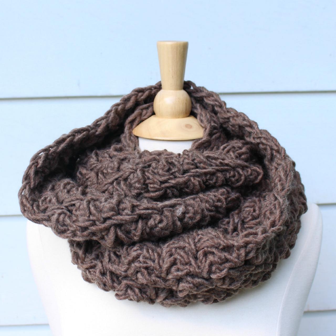 Crochet Scarf - Hand Crochet Infinity Scarf - Brown Cowl Scarf - Circle Scarf - Warm Womens Winter Scarf - Wool Blend - Ready To Ship