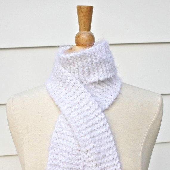 Hand Knit Scarf - Long And Skinny Winter White Warm Scarf - Super Soft Wool Blend Yarn - Bright White