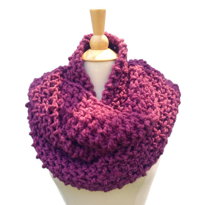 Hand Crochet Chunky Infinity Scarf - Plum Purple Chunky Cowl Scarf - Circle Scarf - Wool Blend Yarn - Women's Winter Scarf - Ready To