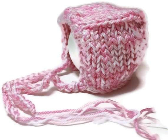 Hand Knit Baby Bonnet - Baby Girl Bonnet In Pink And White - Size Newborn - Ready To Ship