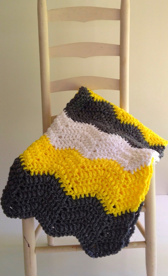 Hand Crochet Baby Blanket - Sunshine Yellow, Slate Gray And White - Gender Neutral Baby Afghan In A Ripple Chevron Pattern - Ready To Ship