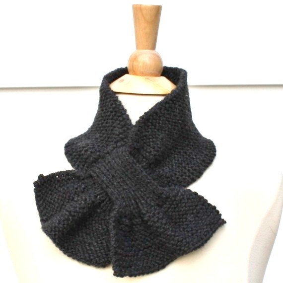 Knitted Scarf - Scarflette - Keyhole Scarf Dark Gray Grey Warm Sc-35