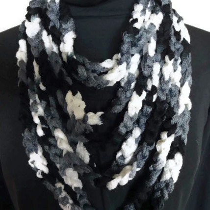 Hand Crochet Infinity Scarf - Lightweight Cowl Necklace In Black, White, Grey And Silver - Ready To Ship