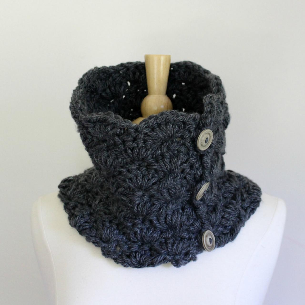 Crochet Cowl Scarf - Hand Crochet Chunky Circle Scarf - Pewter Gray Scarf With Three Button Closure - Womans Accessory - Ready To Ship