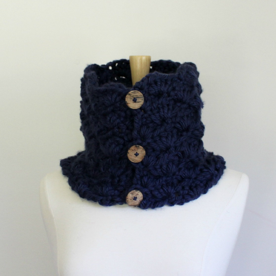 Hand Crochet Chunky Cowl Scarf - Navy Blue Scarf With Three Button Closure - Circle Scarf - Women's Winter Accessory - Ready To Ship