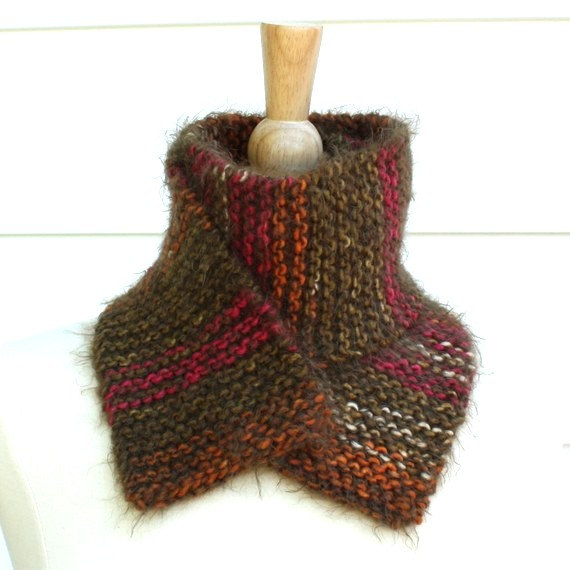Hand Knit Scarf - Warm Winter Scarf Knitted In Brown, Red And Green Super Soft Wool Blend Yarn