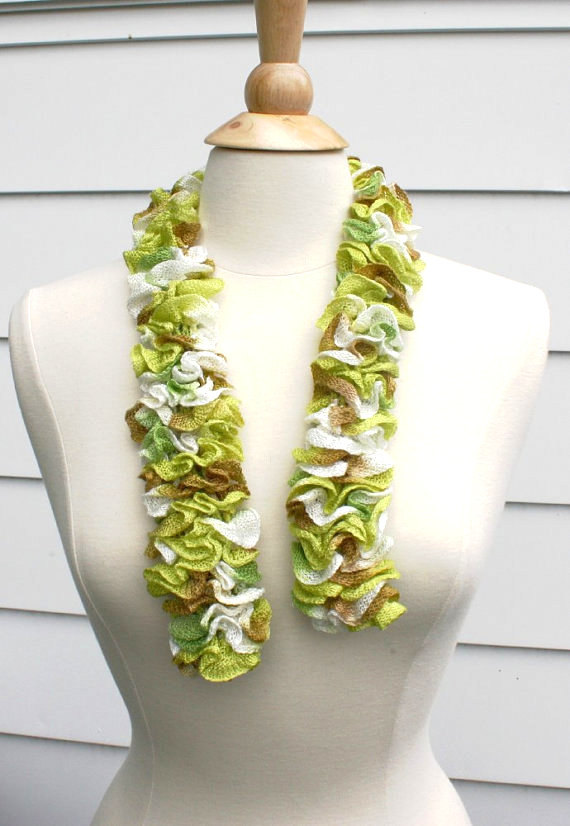 Knit Scarf - Scarflette Cowl Lime Green Tan White Ruffle on Luulla